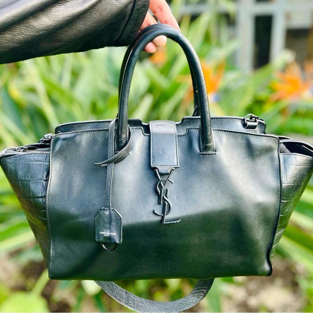 Saint Laurent YSL Logo Black Croc Embossed Leather Baby Downtown Cabas Tote - Picture 4 of 12